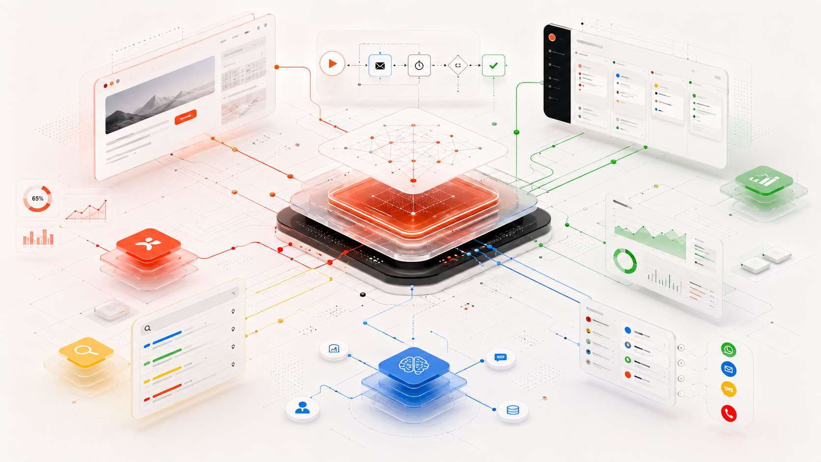 Visual abstracto de infraestructura comercial inteligente con web, CRM, automatización, analítica y agentes de IA conectados.