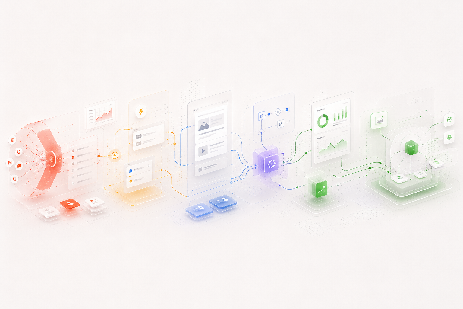Mosaico abstracto de captación, contenido, automatización, datos y optimización conectados.