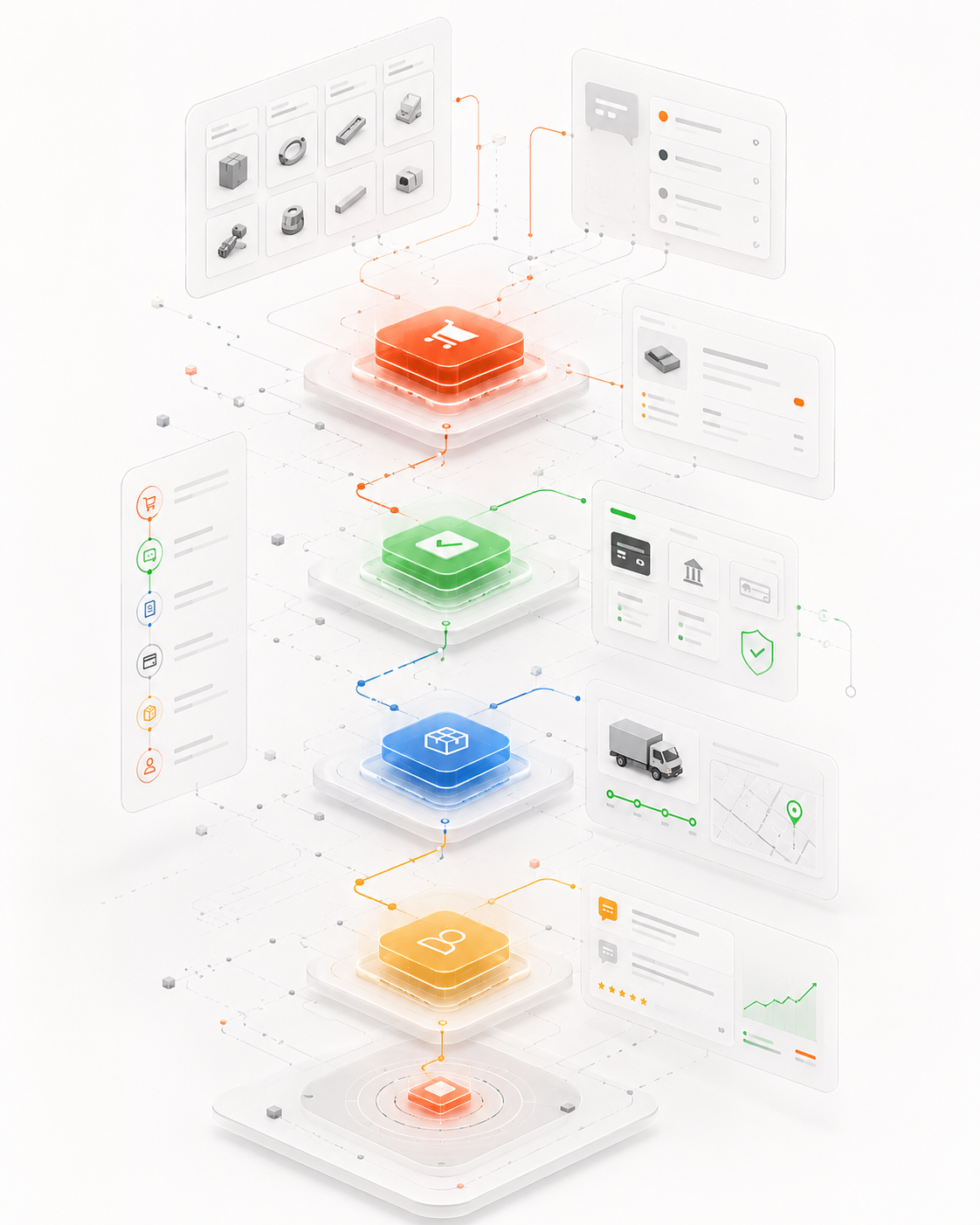 Visual abstracto del sector comercio con flujo de ventas, pedidos y operación conectada.