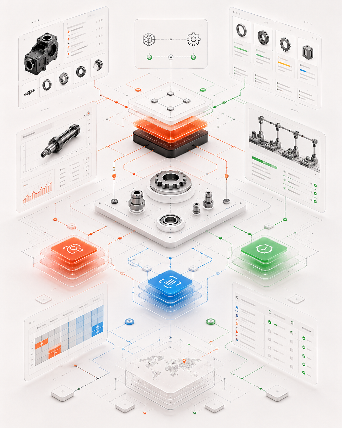 Visual abstracto del sector industria con procesos, piezas y trazabilidad.