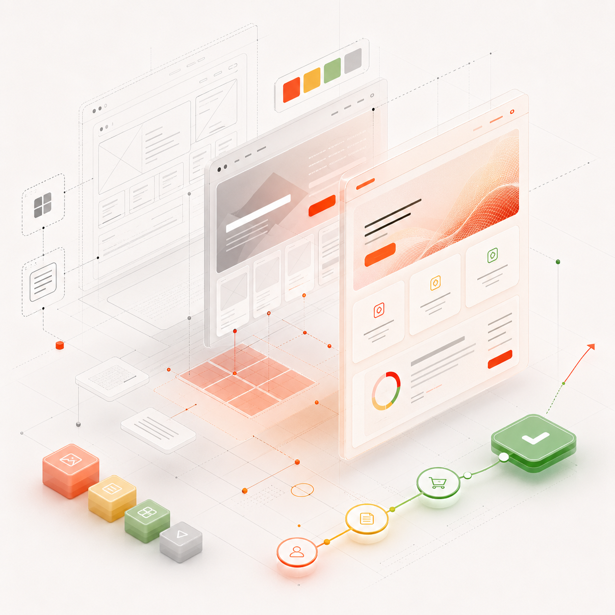 Ilustración abstracta de arquitectura digital comercial con interfaces web y conversión.