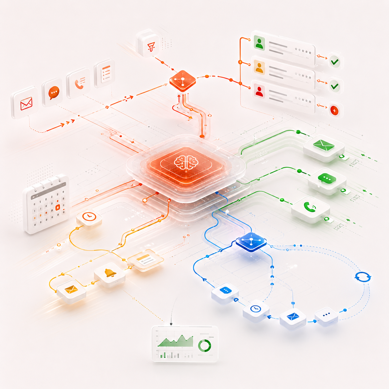 Ilustración abstracta de automatización comercial y agentes con inteligencia artificial.