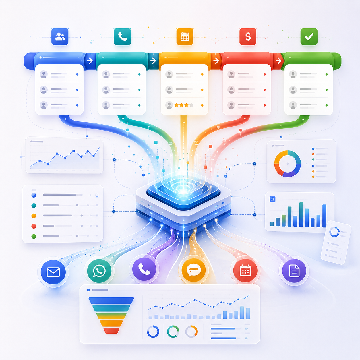 Ilustración abstracta de integración comercial, seguimiento, dashboards y funnels.
